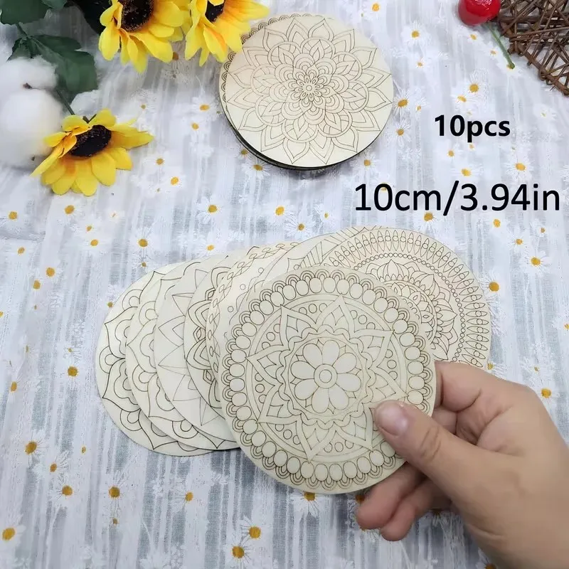 10pcs wooden diy hand painting mandala coaster painting kit unfinished wooden chips by hand wooden mandala coaster painting kit - view 2