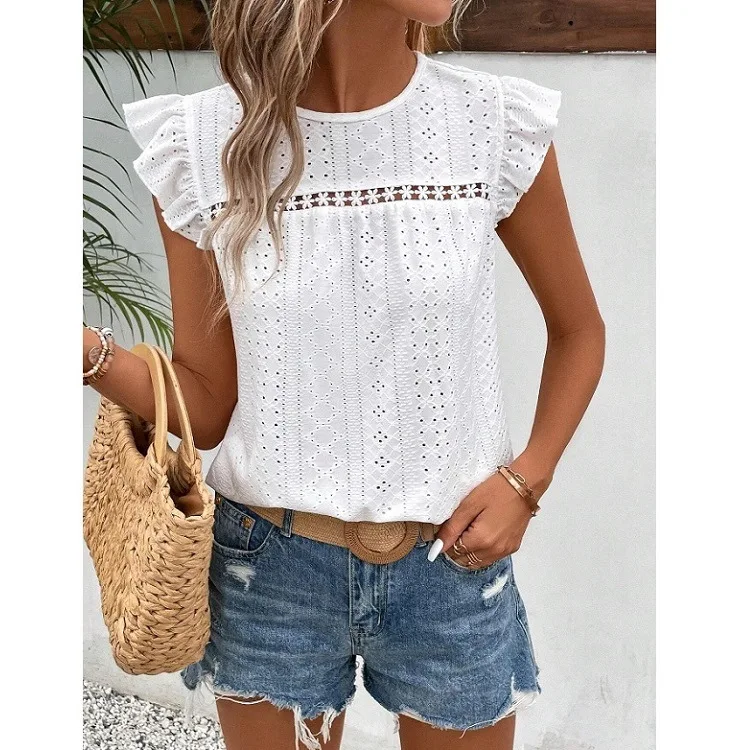 Women Summer shirts Lace Solid  Lotus Leaf Short Sleeved Top Blouse Hollow Out Lace Ruffles White Pullover Black Shirts Tops