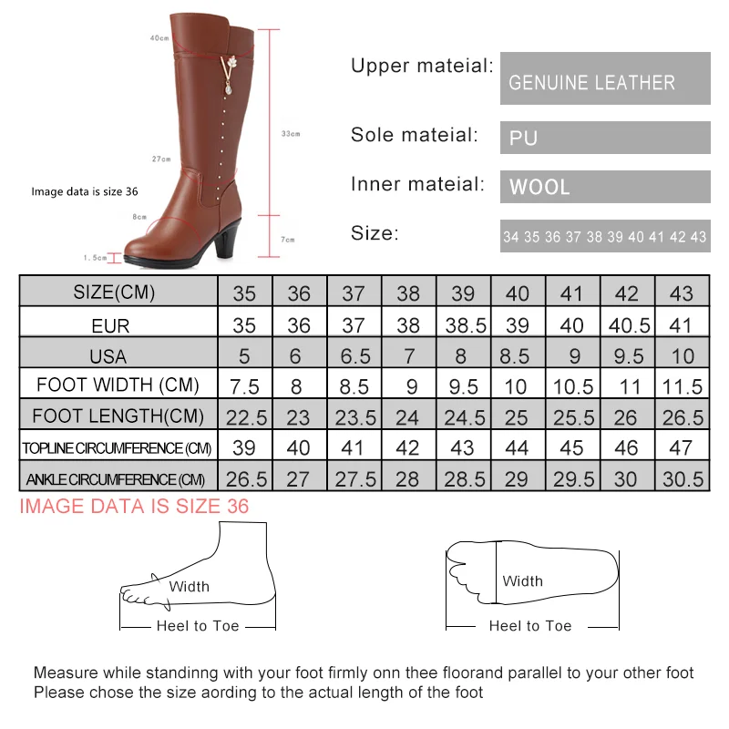 Botas de invierno para mujer, botas femeninas de cuero genuino, talla dropshipping, botas cálidas de lana de tacón alto, botas de montar de