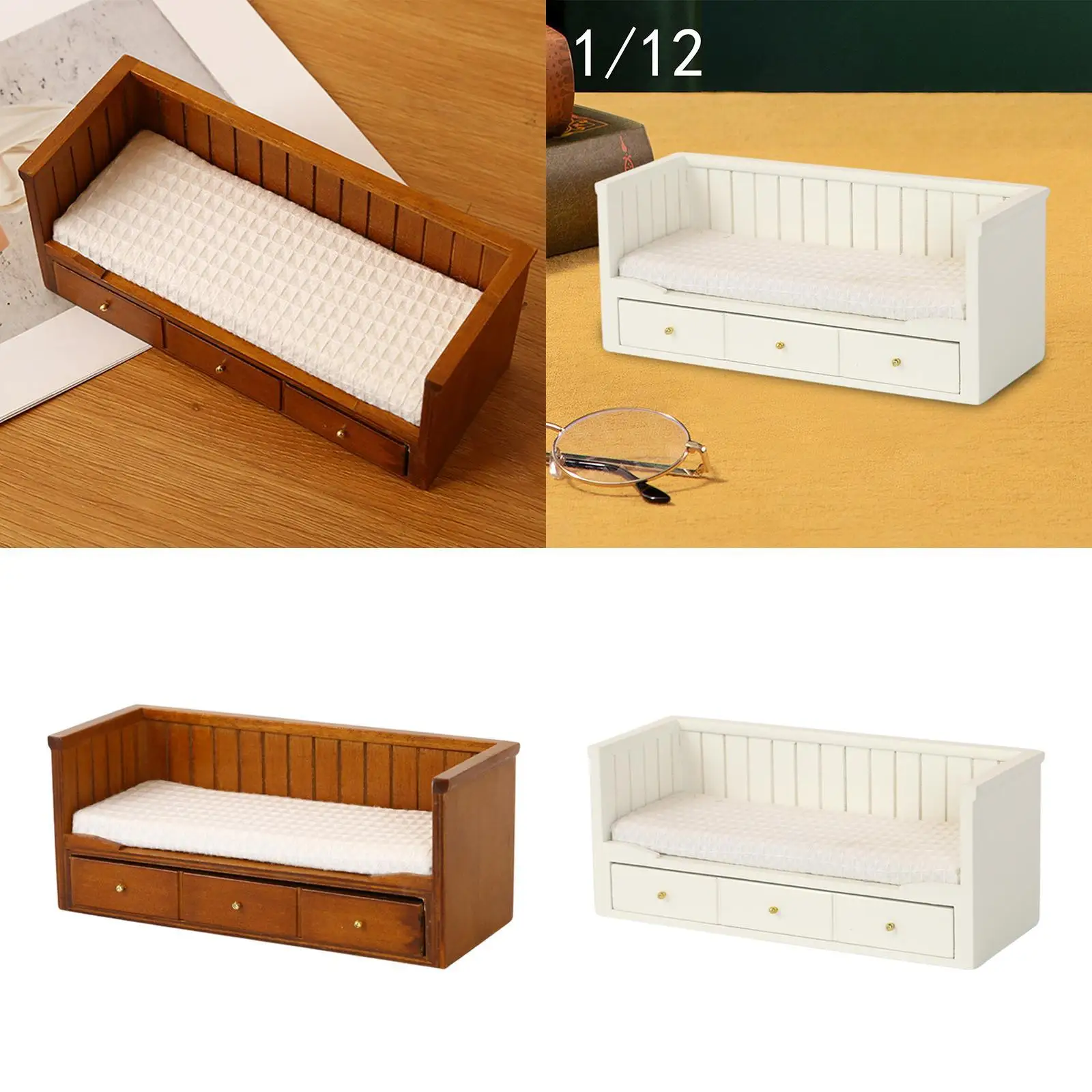 Lit en bois avec matelas avec rangement, accessoires photo, meubles miniatures, ameublement de micro paysage, MELDIY Accs, 1:12