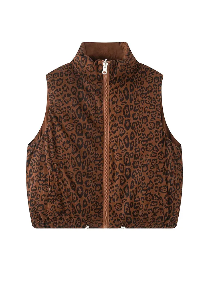 HH Women's Winter Fashion Reversible Design Wild Leopard Print Down Cotton Vest Female Casual Warm Zipper Pocket Waistcoat Mujer