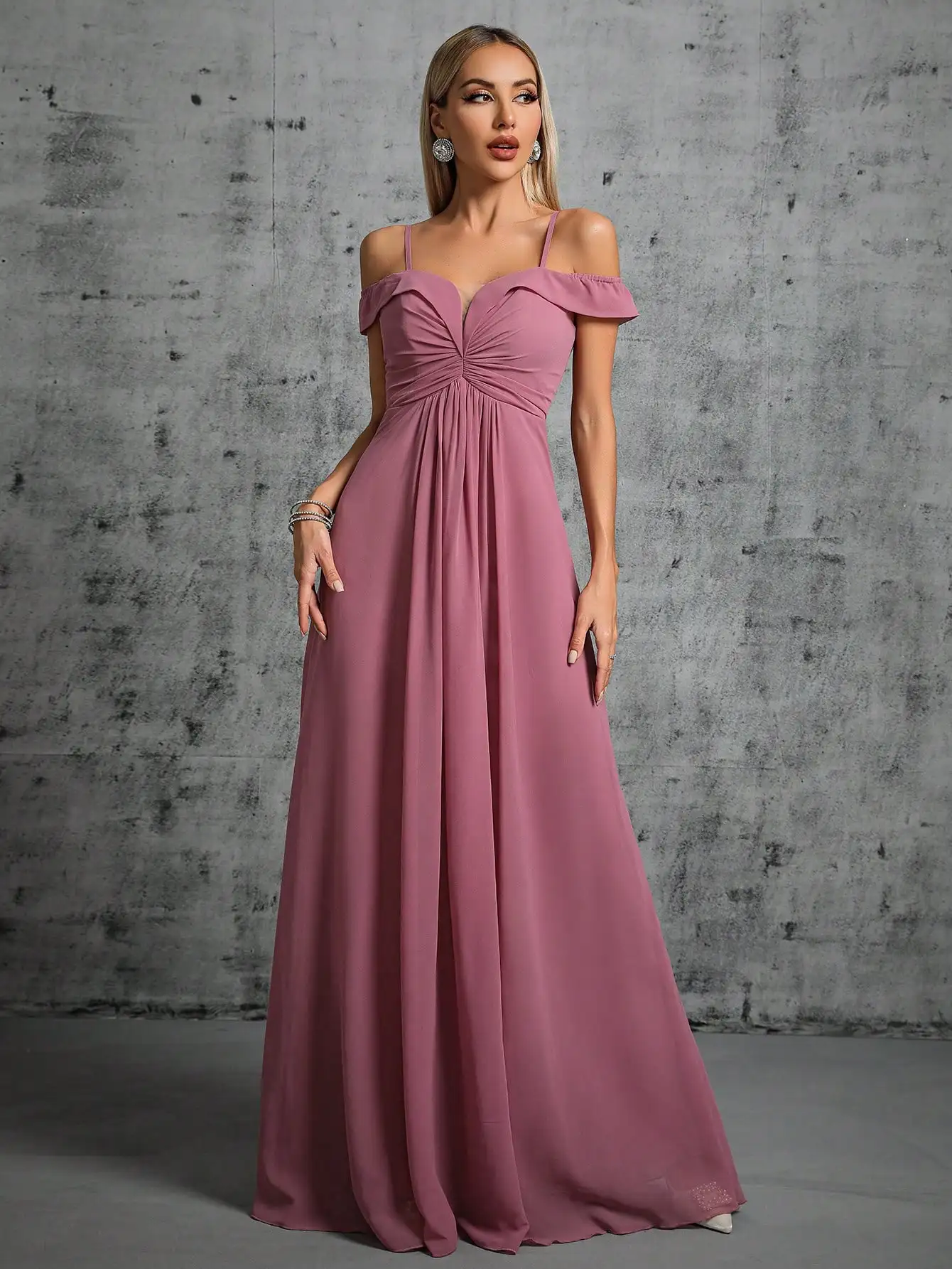 Mgiacy One-shoulder V-neck pleated chiffon long dress Evening Ball dress Party dress Bridesmaid dress