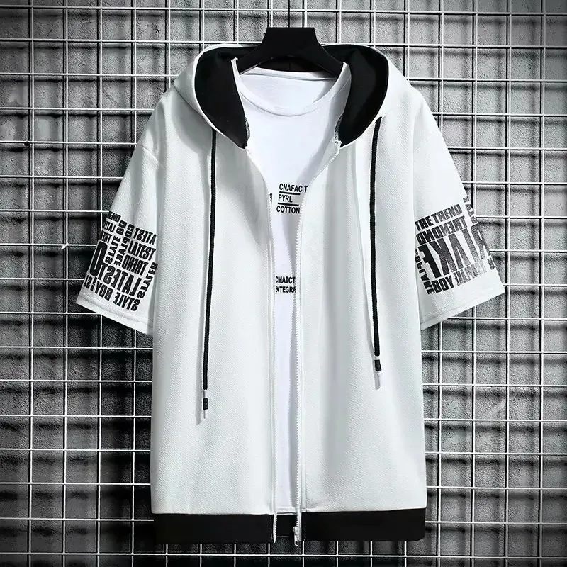 Fashion Men\'s Hoodies Summer Men Clothing T-shirt Zipper Hood Cartoon Casual T Shirt Print Hooded Top Short Sleeve Men