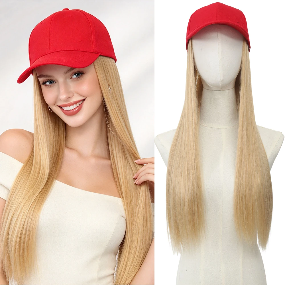Hat Wigs-Synthetic 22 Inch Red Baseball Cap Straight Hair Wig Ducktail Long Straight Hair Wig Hat Extensions Wigs Christmas Hat