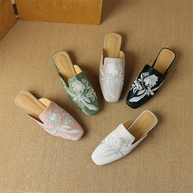 

New Summer Women Shoes Mules Shoes for Women Embroidery Women Slippers Low Heel Square Toe Slippers Ladies Shoes Zapatos Mujer