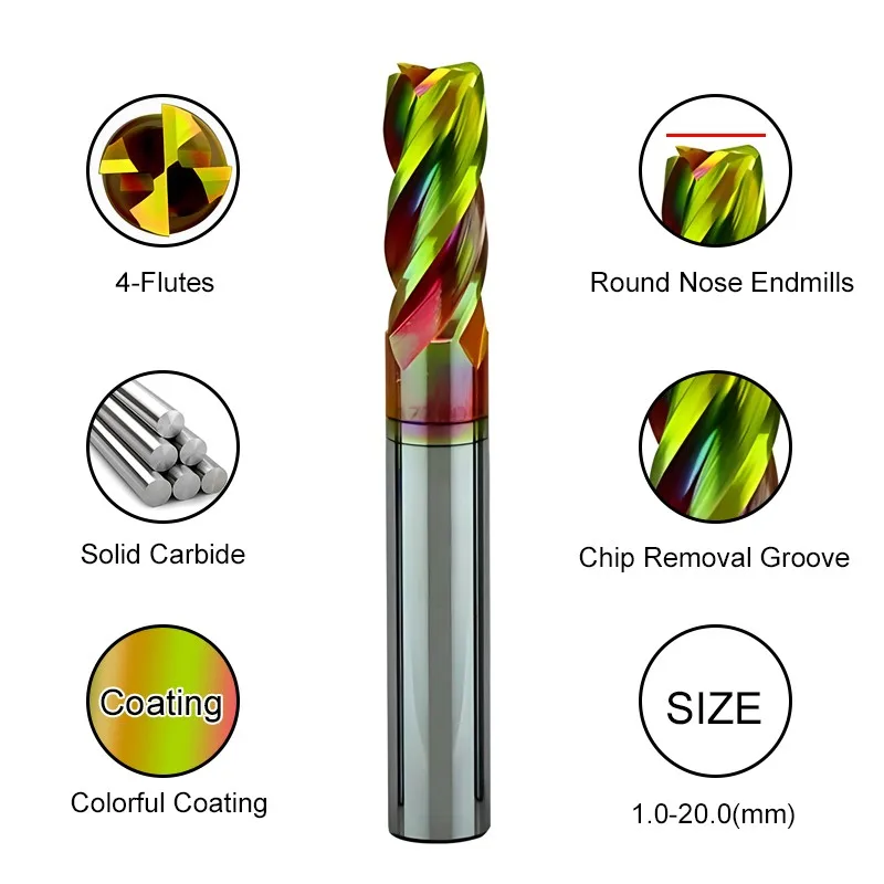 YIFINO CNC Machining Tool HRC80 High Hardness Endmills 4-Flute Tungsten Steel Carbide Colorful Coating Round Nose Milling Cutter