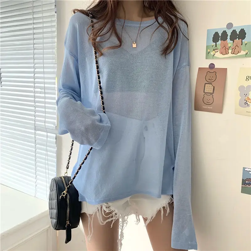 T-shirts Woman Solid Sunscreen All-match Korean Style Streetwear Candy Color Harajuku Thin Summer Clothing Ladies Casual Simple