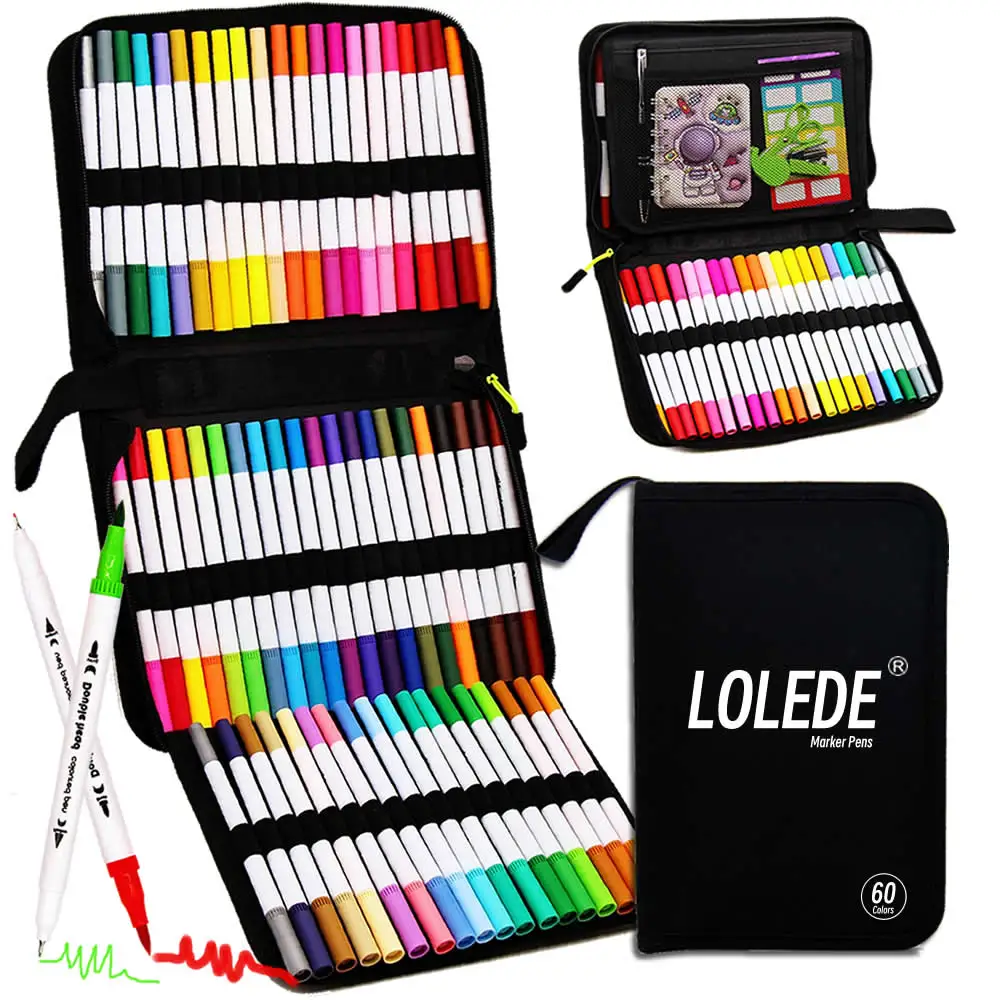 LOLEDE 60 marcadores de doble cabeza de colores, suministros de arte con punta, pincel de dibujo, juego de colores, papelería, bolígrafos, lápices, escritura, oficina, escuela