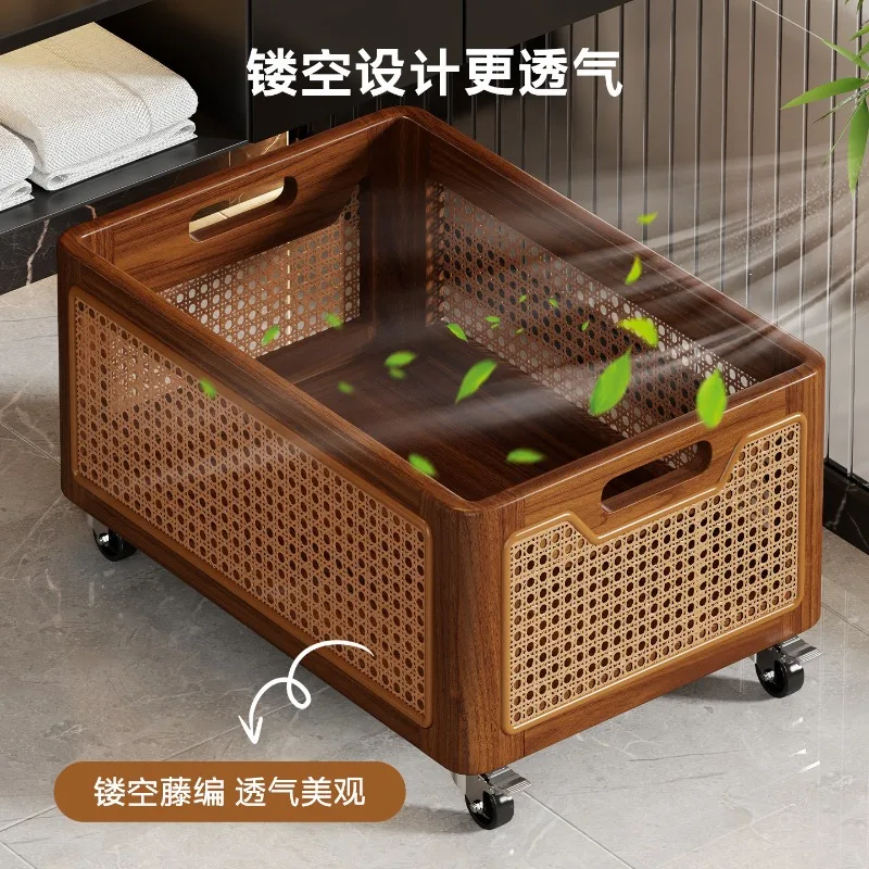 Bathroom cabinet, removable wheeled laundry basket, trolley, solid wood laundry basket, storage basket under the toilet