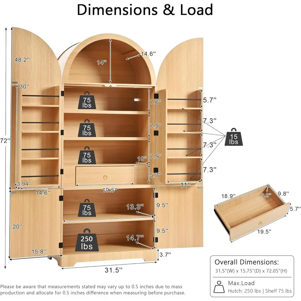 72 armário de despensa de cozinha de arco alto com 4 portas, 3 prateleiras ajustáveis, 1 gaveta oculta, 8 prateleiras de porta, adequado para cozinha,