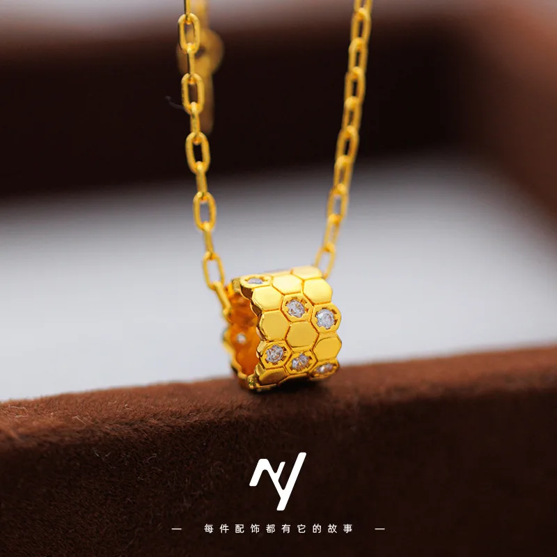 

9999 light luxury vintage high-end 24K real gold niche honeycomb micro-inlaid small waist necklace women's collarbone chain