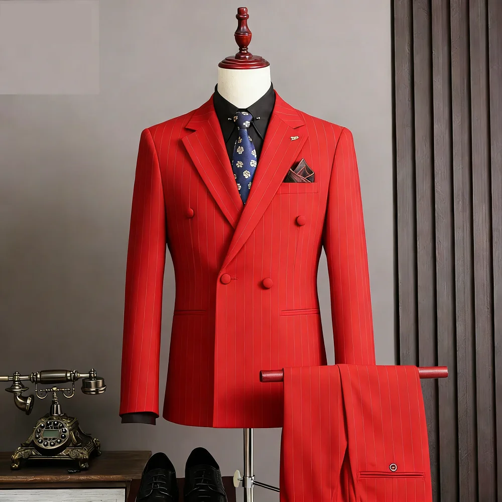 

Men's Premium Double-Breasted Striped Three-Piece Suit Set Business Formal Attire for Groom Best Man Wedding