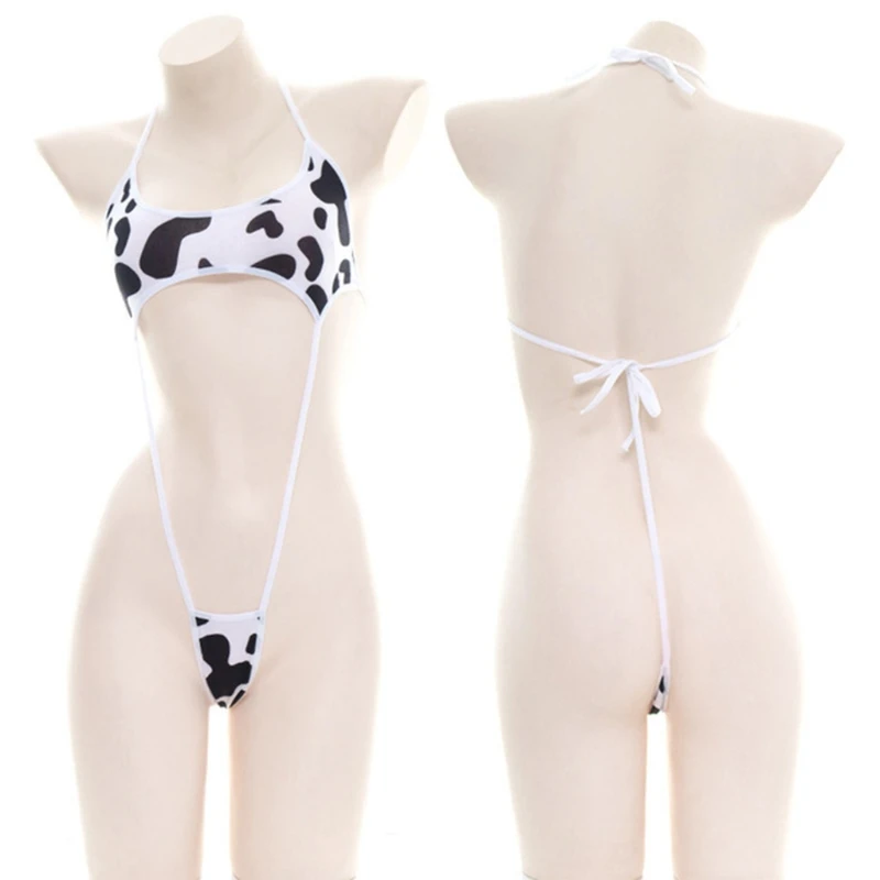 N0HA Women Cow Cosplay Lingerie Bodysuit Halter Monokini Mini Anime Jumpsuit