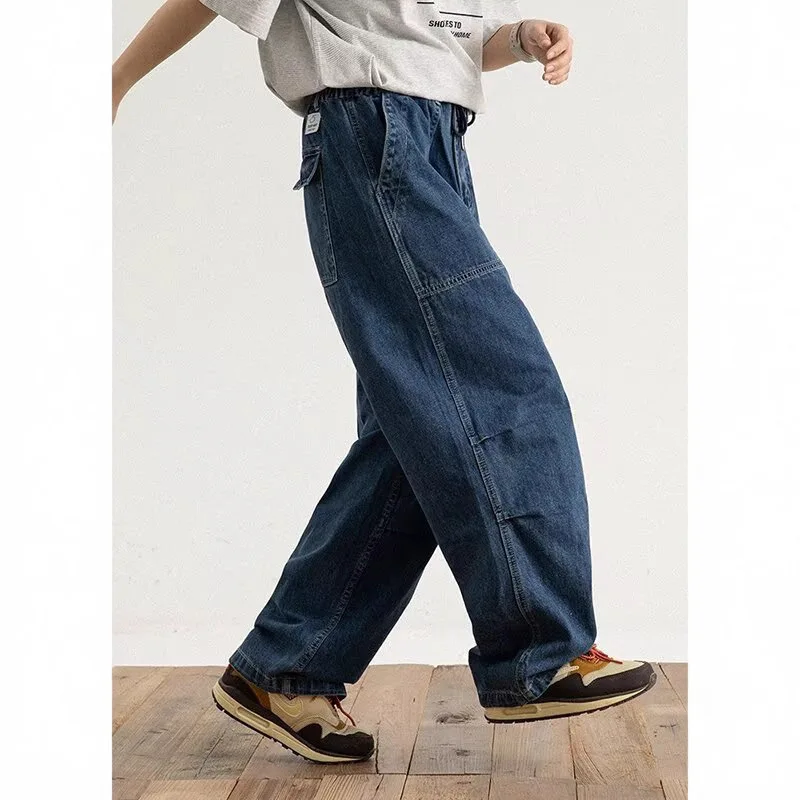 Japanese Large Size Straight Jeans Loose Drawstring Tooling Trousers Spring and Autumn Wide Legs Washed Large Boys Pants