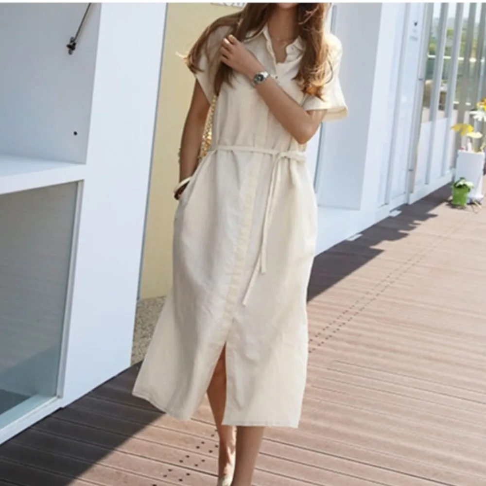 여름 코튼 린넨 싱글 브레스티드 셔츠 드레스 여성용 원 포켓 하이 웨이스트 캐주얼 루즈 레이스업 레이디 드레스 여성 베스티도스