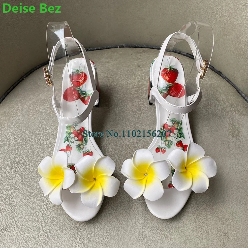 

White Flowers Chunky Heel Sandals For Female Women Round Toe Ankle Strap With Buckle Print Handmade Fashionh Sweet Girl Shoes