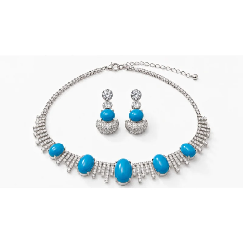 Premium Blue Red Turquoise Stone Paved Zircon Necklace And Earrings Set Elegant Ladies Formal Dinner Wedding Party Jewelry Gift