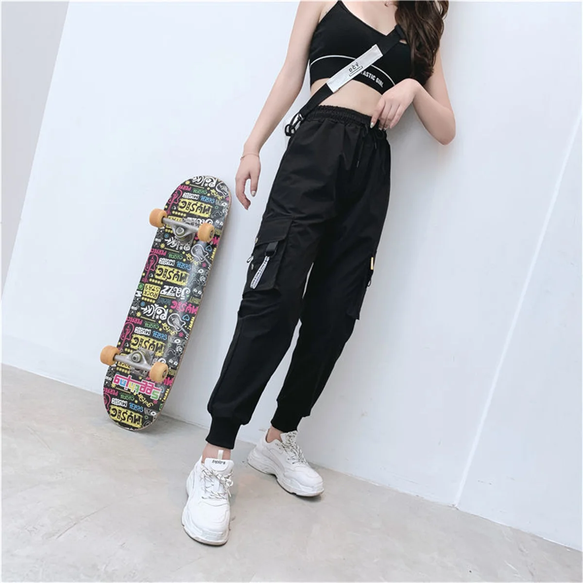 Celana kargo wanita, celana kargo hitam, celana joging pinggang tinggi longgar, celana Hip Hop Korea, celana Punk lucu