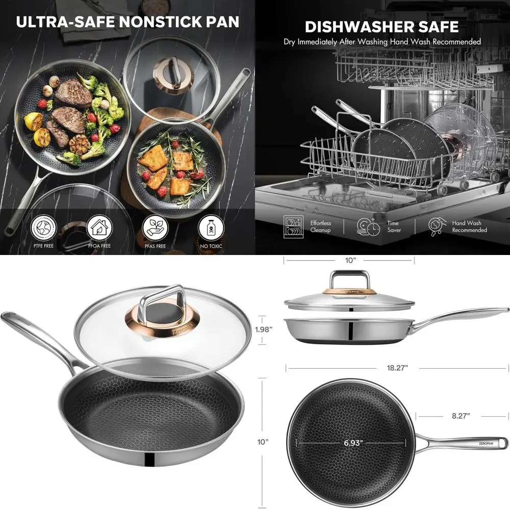 

10-дюймовая сковорода с антипригарным покрытием, которую можно использовать в духовке, с крышкой, без PFA/PTFE, прохладная ручка, можно мыть в посудомоечной машине, индукционная совместимость