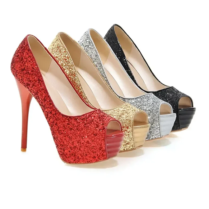 Silver Gold Women Platform Pumps High Spike Heels Red Sequined Cloth Wedding Bridal Party Office Ladies Summer Peep Toe Stiletto