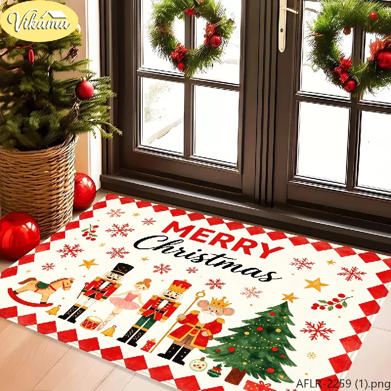 VIKAMA Christmas Doormat Nutcracker Rocking Horse Tree Coir Entrance Doormat for Outdoor Front Door Porch Xmas Home Decor