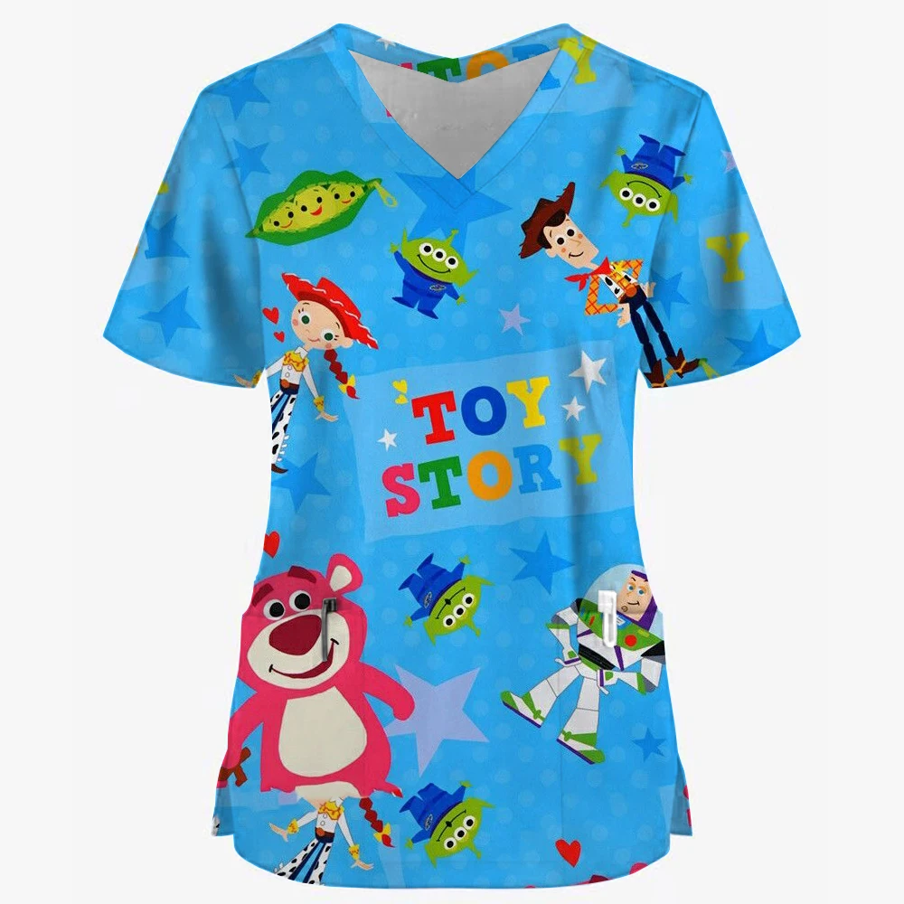 Wholesale of new Toy Story Strawberry Bear cartoon printed nurse clothing laboratory pet store fashionable slim fit breathable