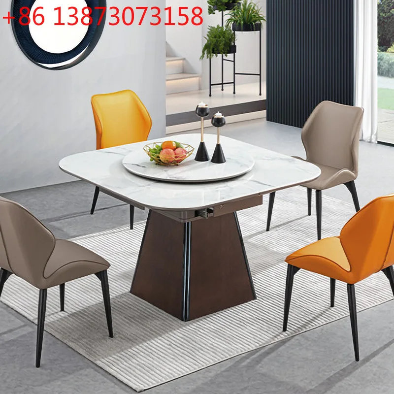 Nordic telescopic rock slab dining table household new light luxury square variable round belt turntable