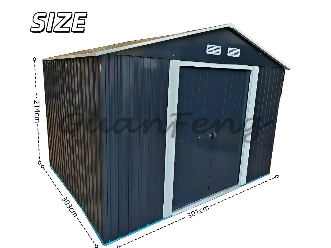 10 * 10 feet sloping roof outdoor galvanized metal garden tool storage shed with lock