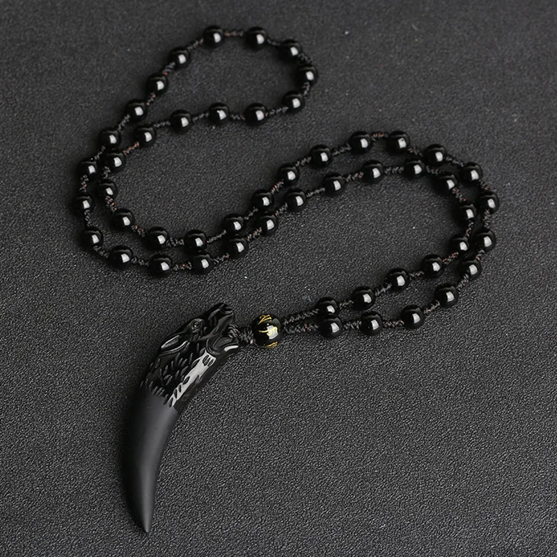 Natural Stone Black And Ice Obsidian Pendant Necklace Wolf Tooth Amulets And Talismans Couple Necklace For Women And Men