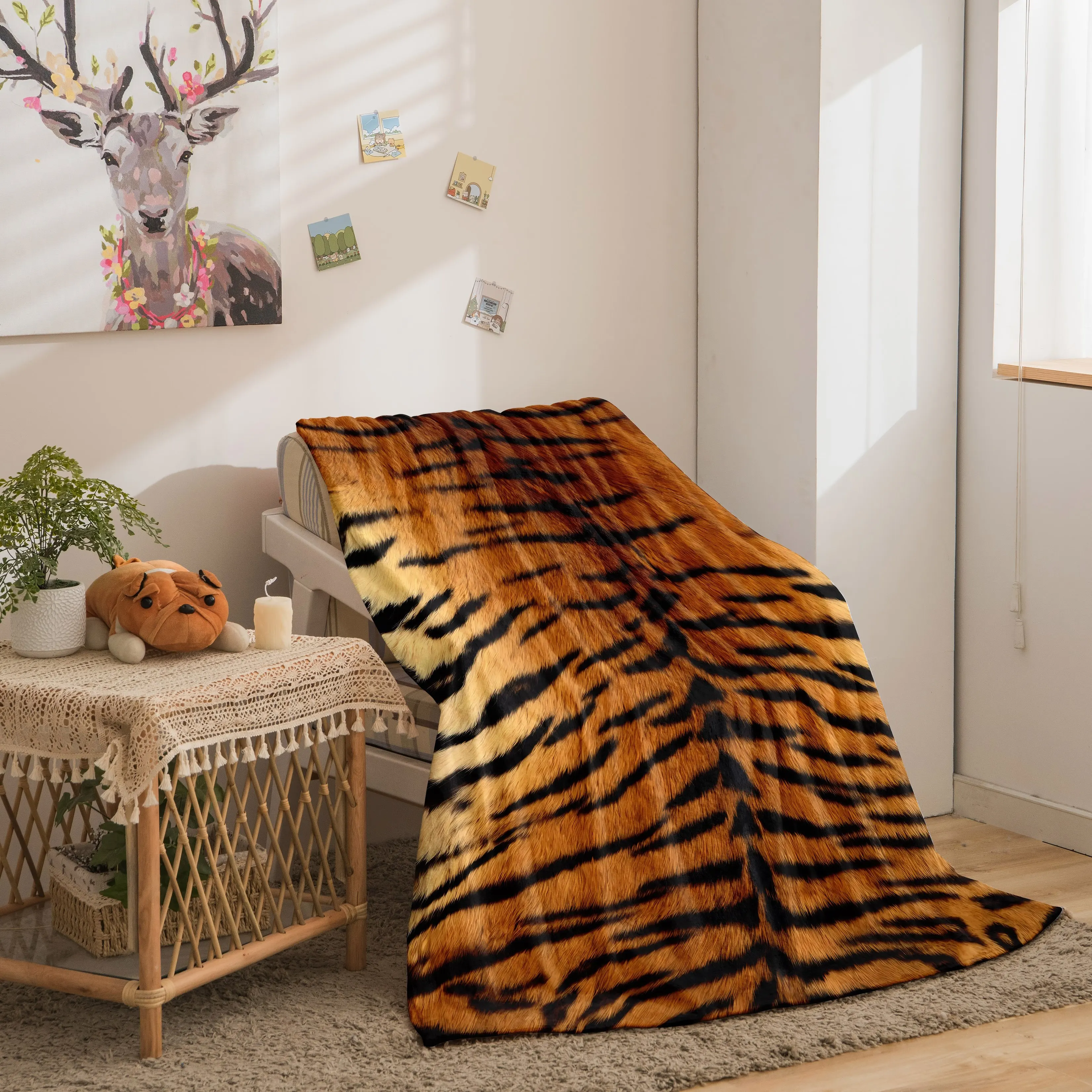 Tiger Stripe Fleece Blanket, Luxurious Soft Throw, Skin Friendly Flannel, Realistic Animal Print, Perfect for Home Decor