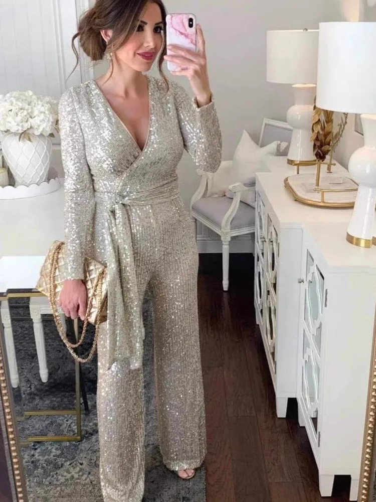 

Модные женские брюки с пайетками и высокой талией, длинные, широкие, из полиэстера, премиум-класса, весенние