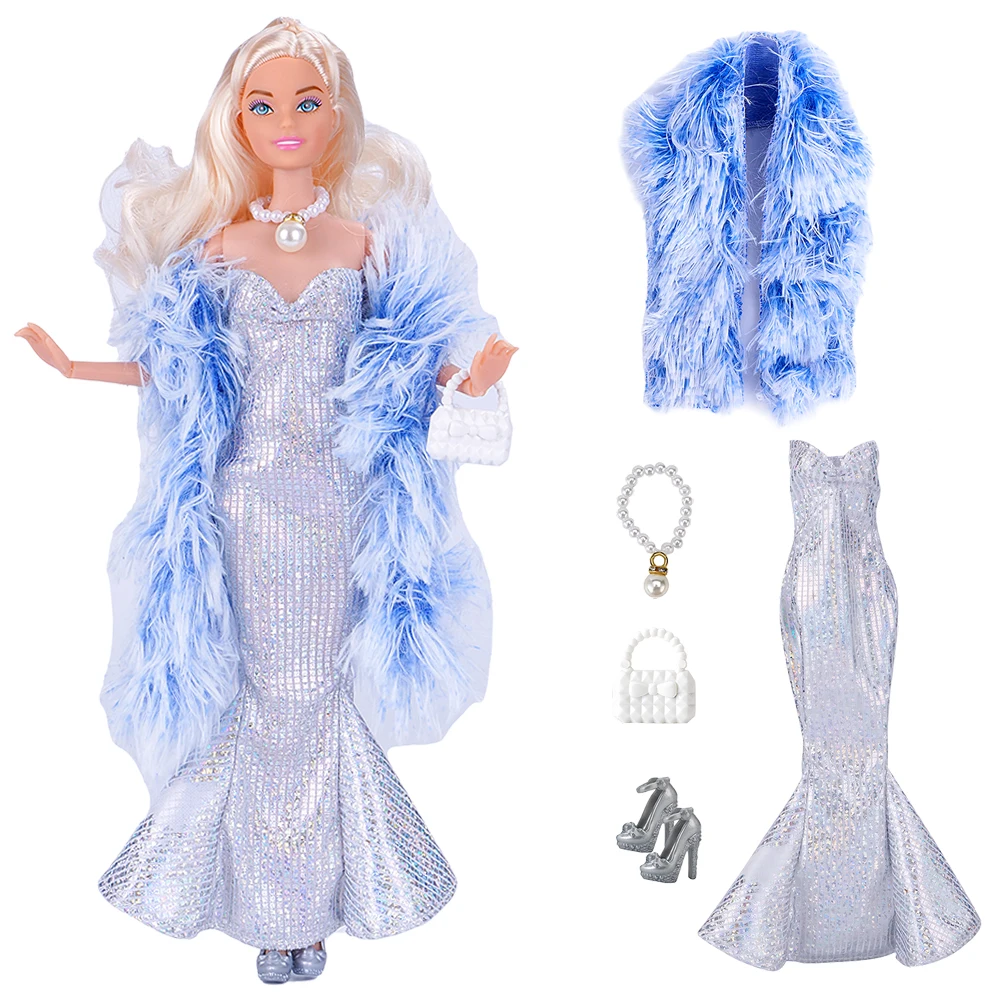 NK 1 Pcs 1/6 Dolls Dress Christmas dress: blue shawl + silver dress + necklace + bag + shoes 1/6 Doll Clothes Dress