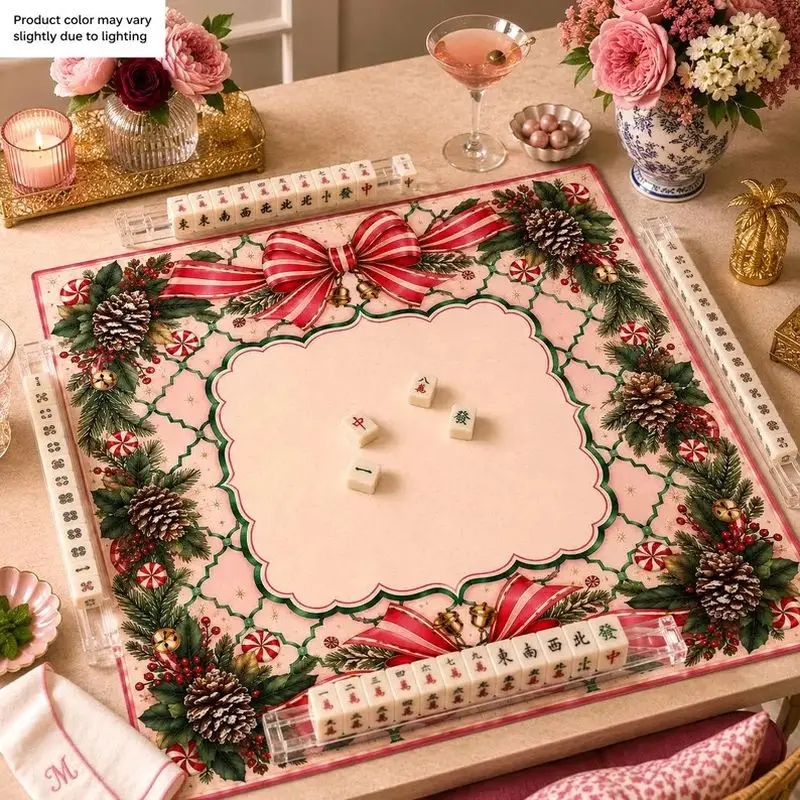 Christmas Mahjong Table Mat Square Red Bow Pinecone Anti slip Noise Reduction Game Mat Portable Desktop Decoration