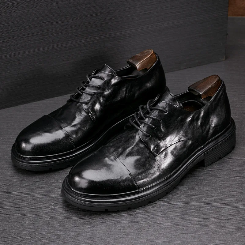 

New Black Derby Shoes Men Fashion Breathable Formal Business Thick Sole Youth Round Toe Casual Work Wedding Designer Shoes 030