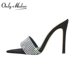 Onlymaker Women Peep Toe Mules Rhinestone Stilettos High Heel Slip On Thin High Fashion Lady Sandals