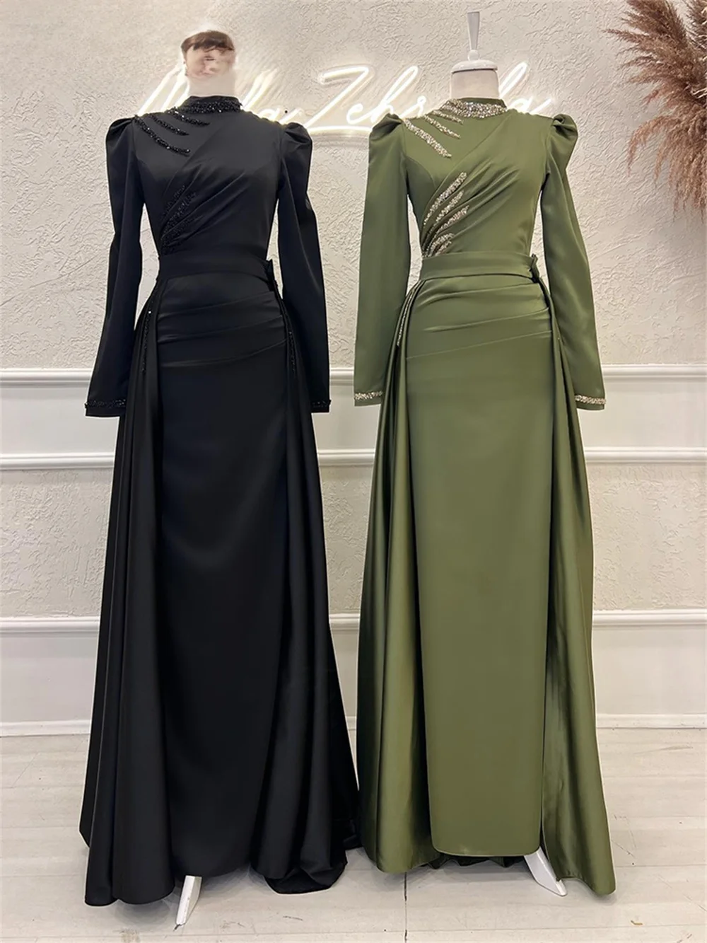 Lange Ärmel High Neck Meerjungfrau Champagner muslimischen Abendkleider mit abnehmbaren Rock formale Vestidos de Noche Prom Party kleider