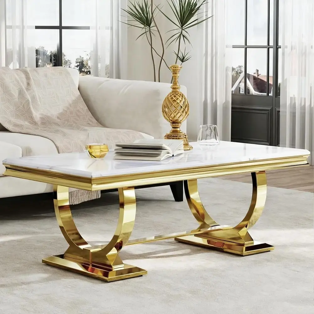 Elegant Gold and White Marble Coffee Table for Luxurious Living Rooms and Foyers