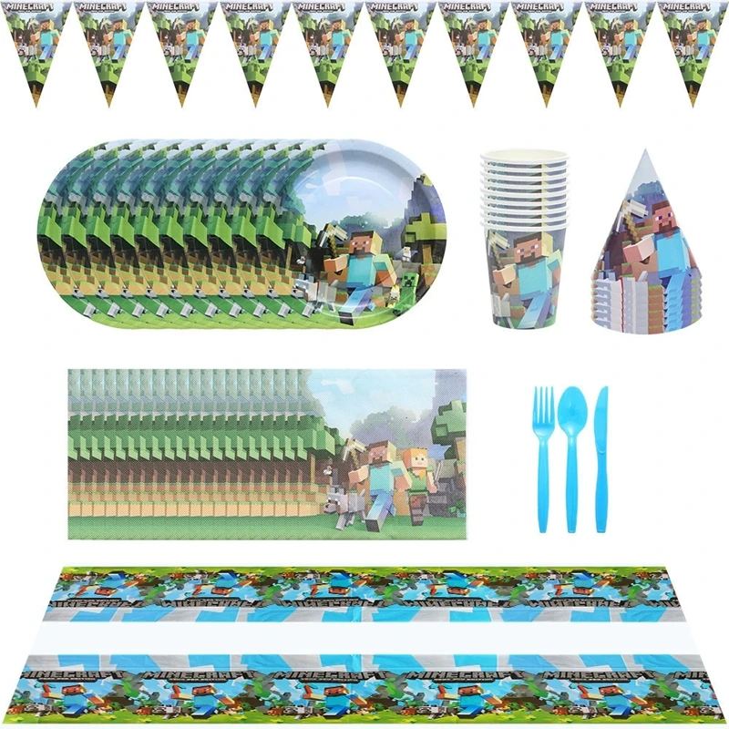 Set Minecrafte Steve Birthday Party Decorations Box Napkins Plates Tablecloth Cups Knives Forks Spoons Kids Tableware Supplies