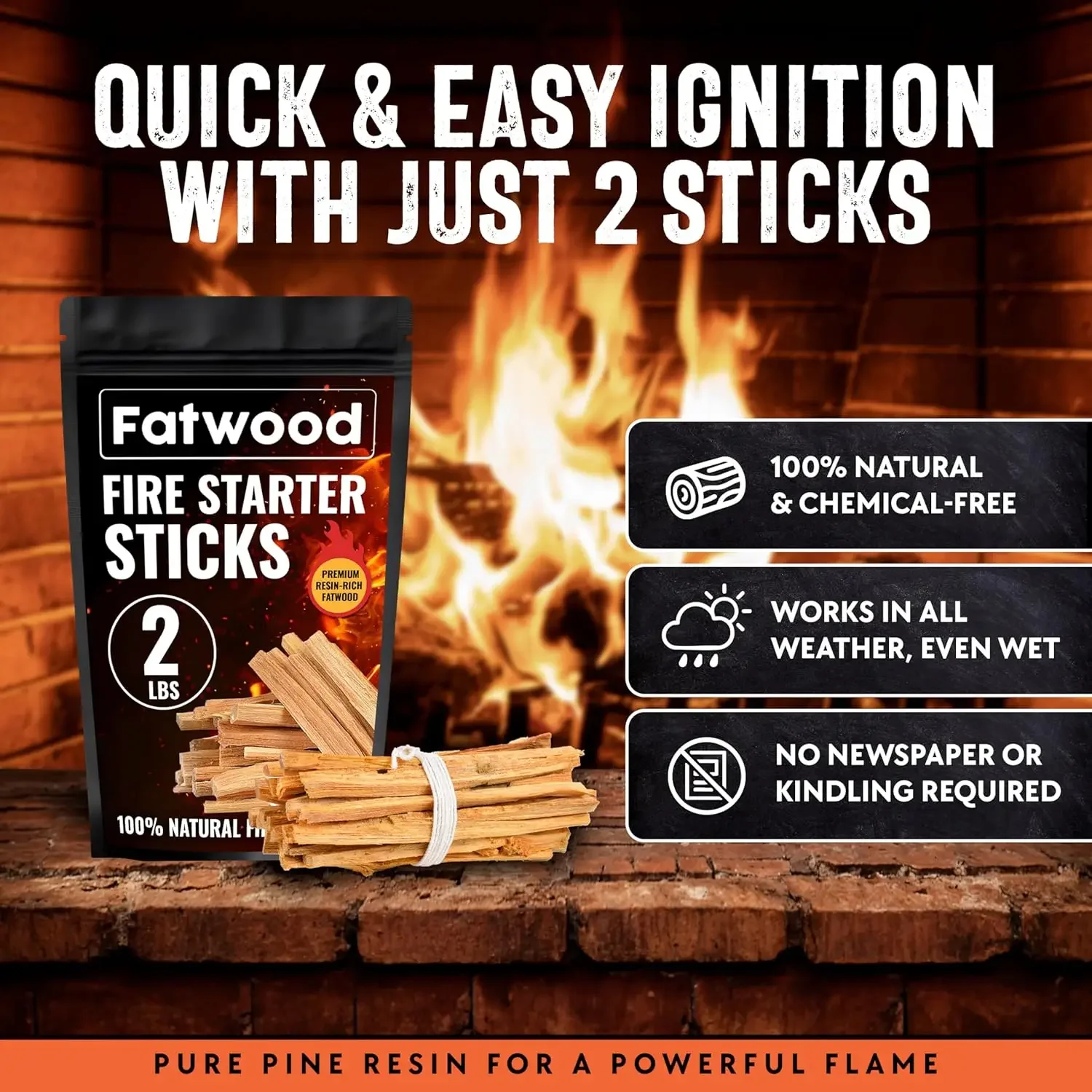 2lb Fatwood Fire Starter Sticks 100% Natural Fire Starters For Campfires Firepit Wood Stoves Fireplaces BBQ Start A Fire With Just 2 Sticks Camping Essentials 2lb Bag