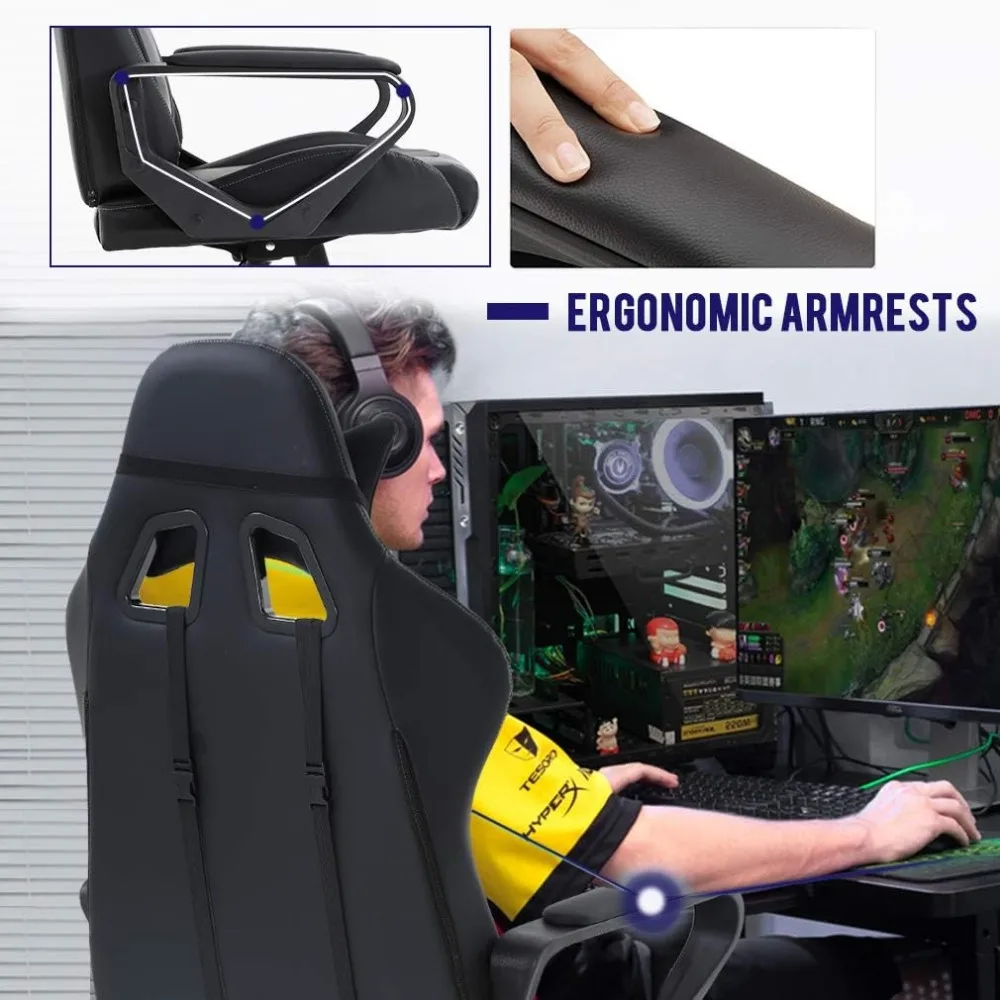 Ergonômico High-Back Gaming Chair, cadeira de escritório, Computer Racing Chair, PU Desk, Executivo giratório, rolando com lombar