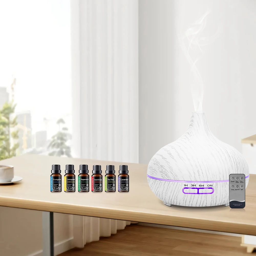 

New Ultrasonic Essential Oil Diffuser with Remote 550ml Wood Grain Humidifier, 6 Oils, Auto Shut Off, Ultra Quiet for Home, Of