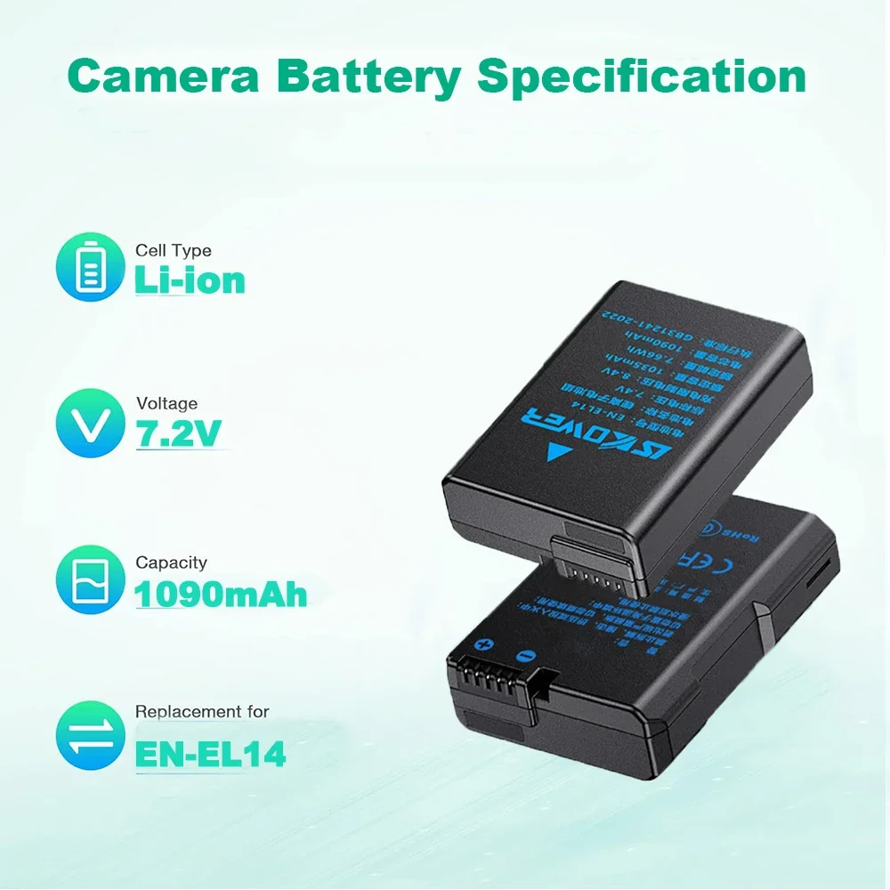 New EN-EL14 Battery for Nikon D3100/3200/3300/3400/3500 D5100/5200/5300/5500/5600 DF Coolpix P7000/7100/7700/7800 Camera Charger