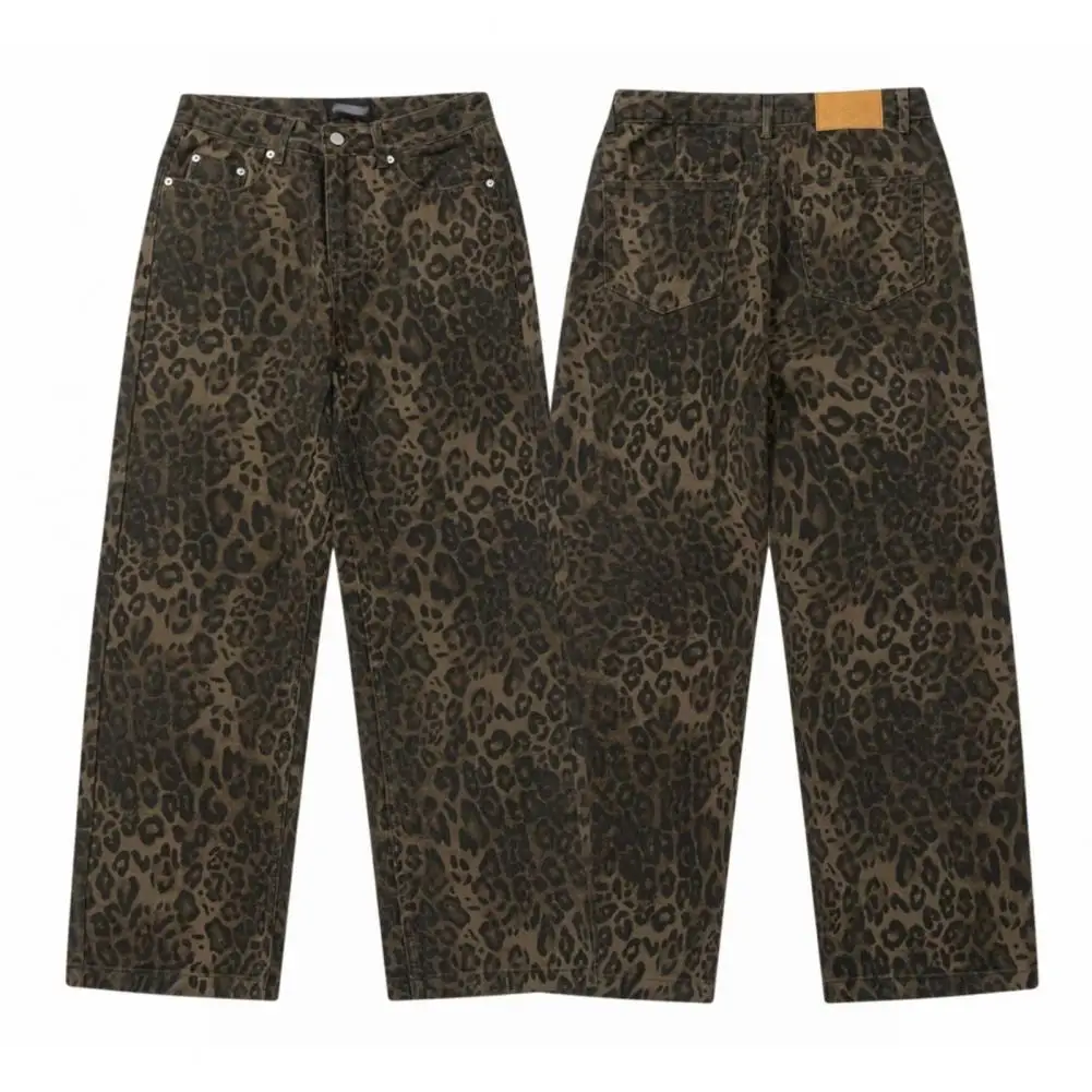 Unisex Leopard impressão Jeans, Jeans perna larga, calças compridas, solto, botão reto, fecho de zíper, Streetwear macio, Hip Hop, jovem adulto