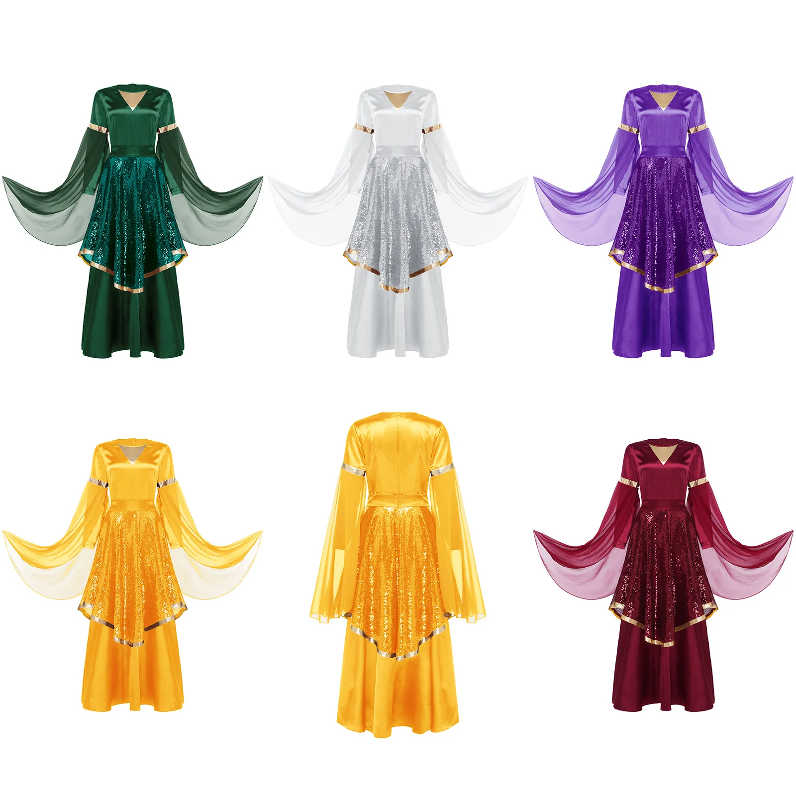 Liturgisches Tanzkleid für Frauen, Langarm-Satintunika mit Paillettenrock, Anzug für Gottesdienst, Kirchenchor und Lyrischen Tänze
