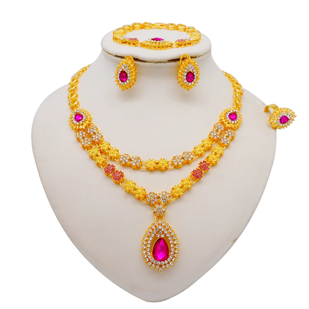Luxus Dubai Gold Farbe Doppels chicht Halskette Schmuck Sets für Frauen afrikanischen Wasser tropfen Kristalls chmuck indischen Set Geschenke – Detail 8