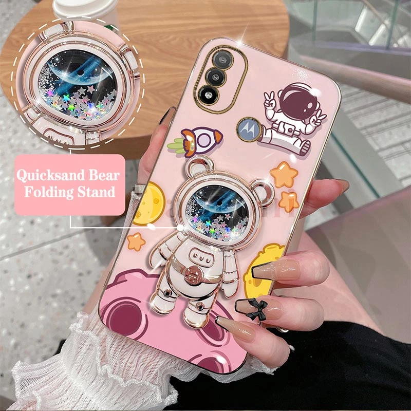 Cheering astronauts Plating Phone Holder Case For Motorola Moto E20 E7 Power E7 Plus E6S E13 E22 E32 G62 G72 EDGE 20 30 Cover