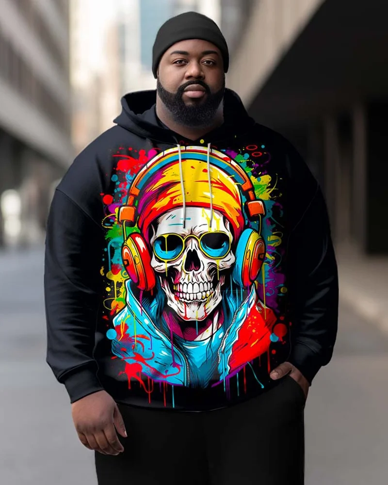 Men's Plus Size Pullover Hoodie, Headphone Skull or Wolf Graphics with Colorful Paint Splash Effects, Long Sleeve Streetwear