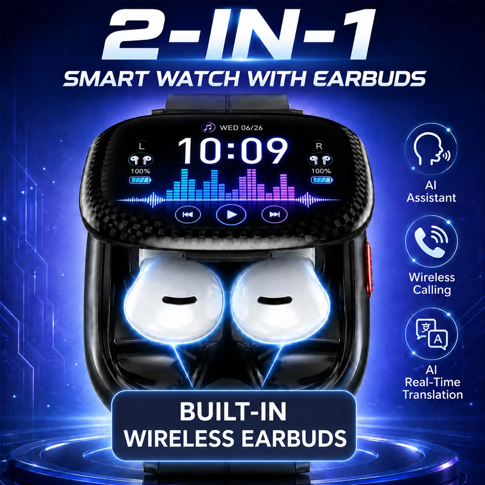 2-in-1 Smart Watch with Bluetooth Earbuds HD Stereo Sound Wireless Calling AI Assistant Fitness Tracker for Android iOS 2026