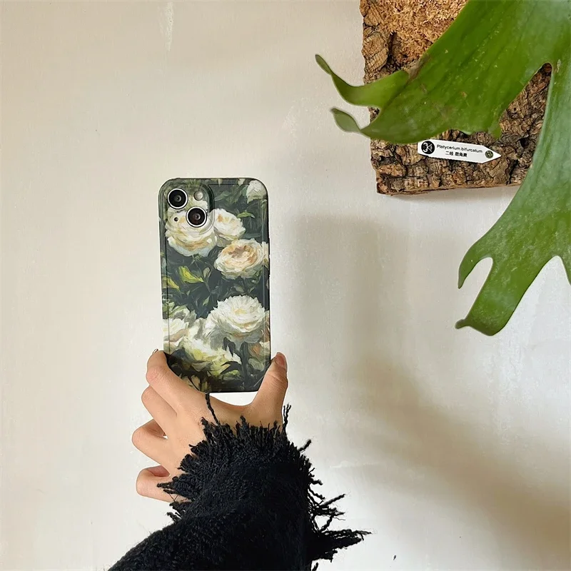 Luxury Dark Green Watercolor Peony Flower Phone Case For iphone 15 14 13 Pro Max The Latest Popular Model Silica Gel Back Fundas