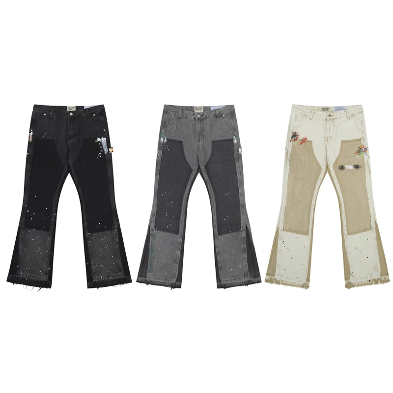 

Waed Patchwork Workwear Jeans Micro Flared Denim Pants Ink Splaed Dyeing Vintage Sle Cotton Material ex Youth Faion